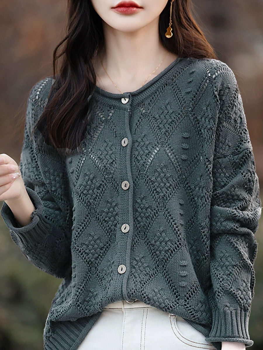 Women Autumn Artsy Knitted O-Neck Cardigan Sweater