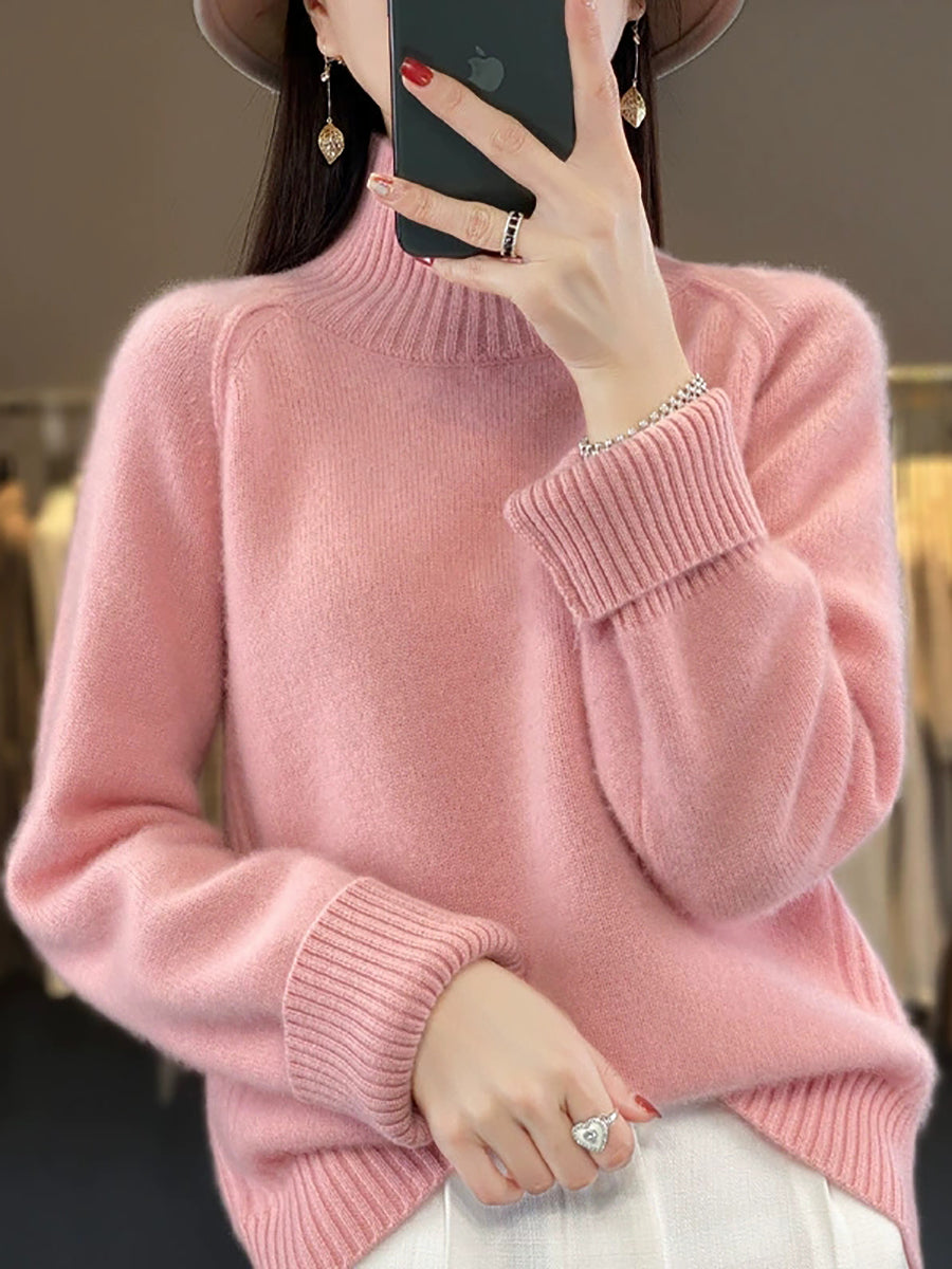 Women Autumn Casual Pure Color Turtleneck Sweater