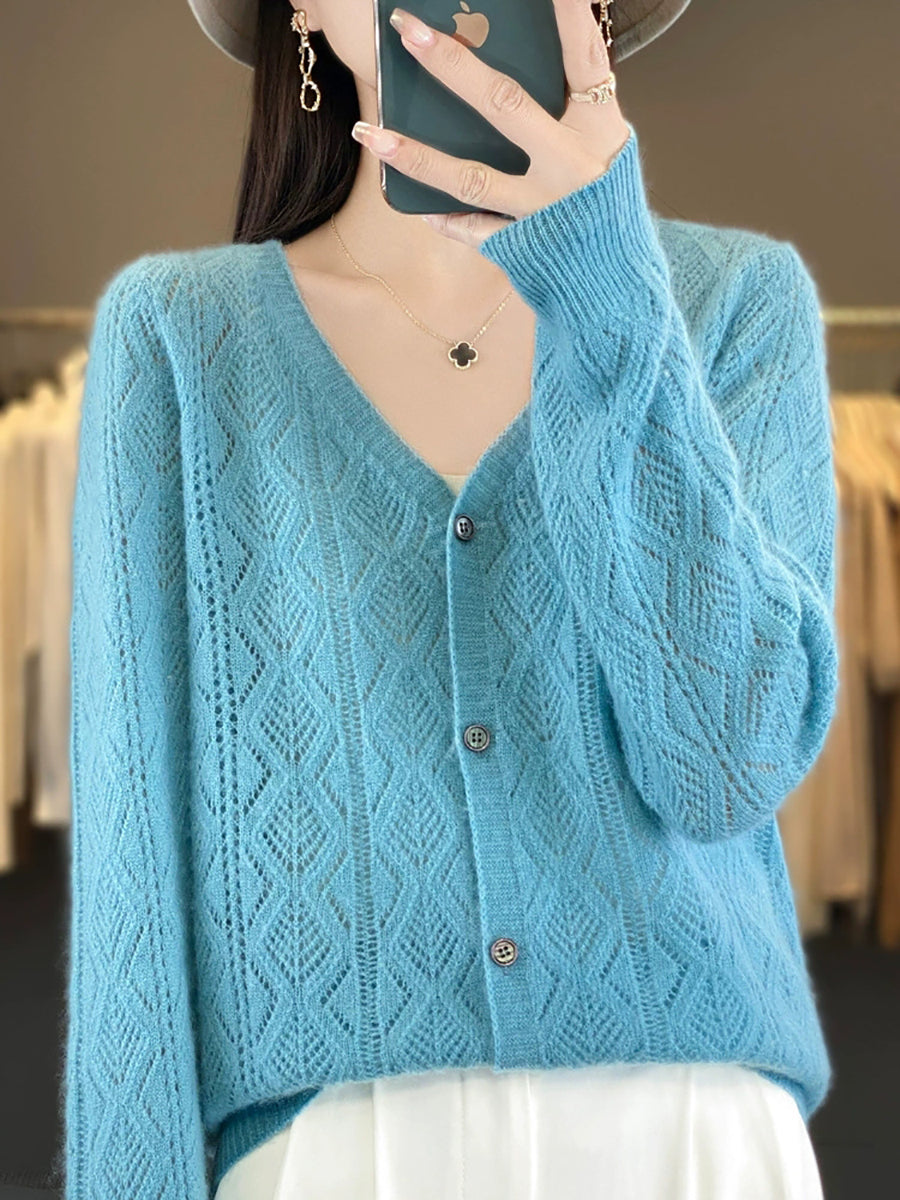 Women Autumn Casual Pure Color V-Neck Sweater