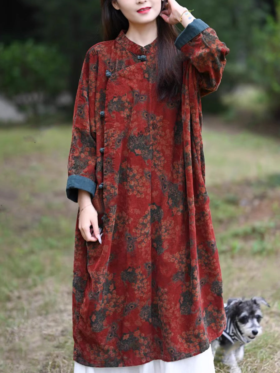Women Autumn Ethnic Flower Corduroy Robe Dress