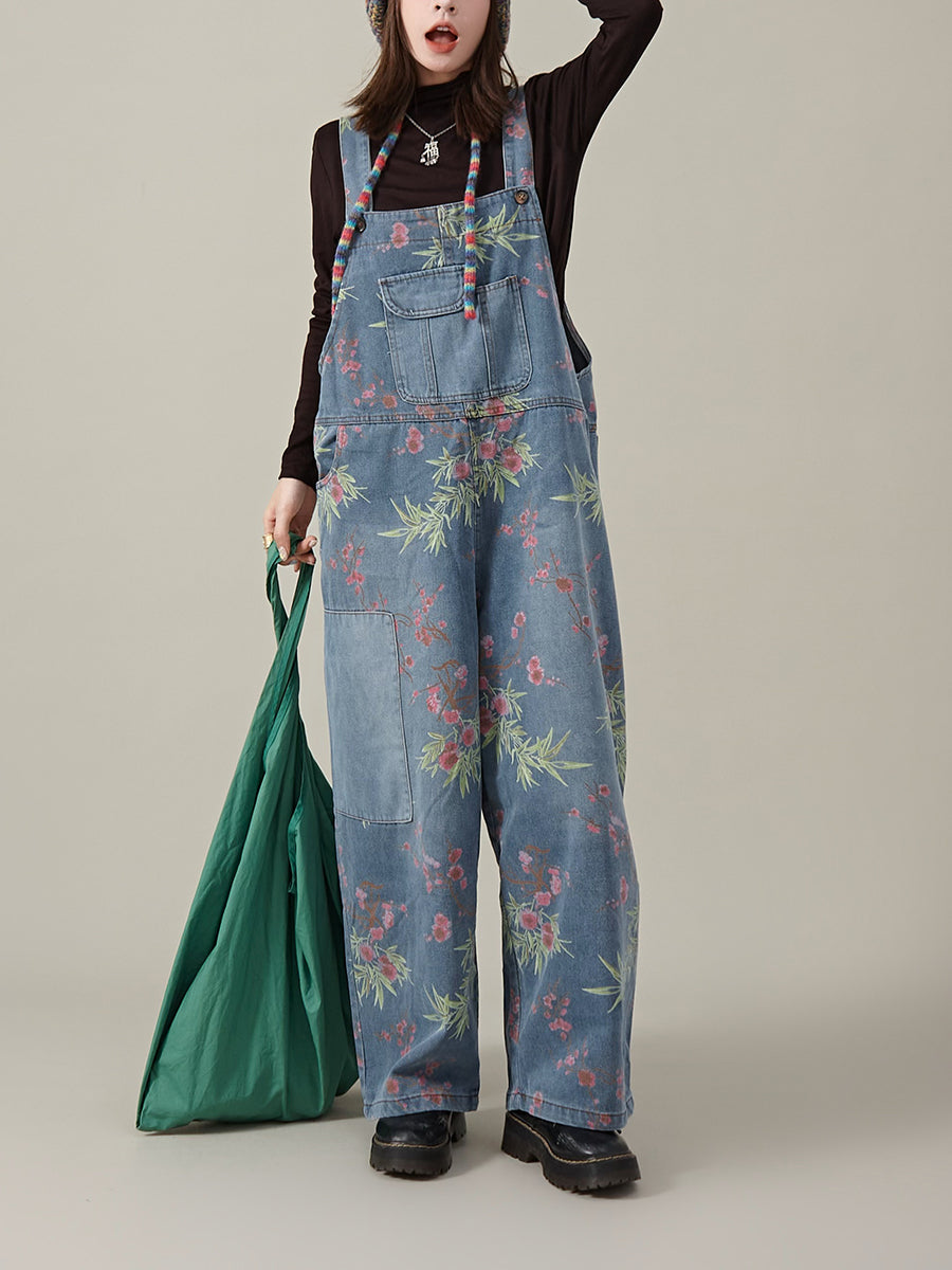 Women Autumn Artsy Flower Denim Jumpsuits
