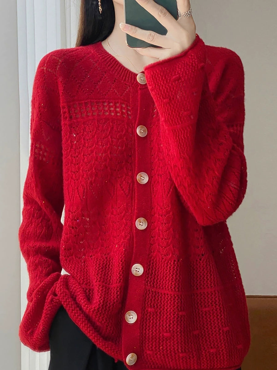 Women Autumn Artsy Pure Color O-Neck Knitted Sweater