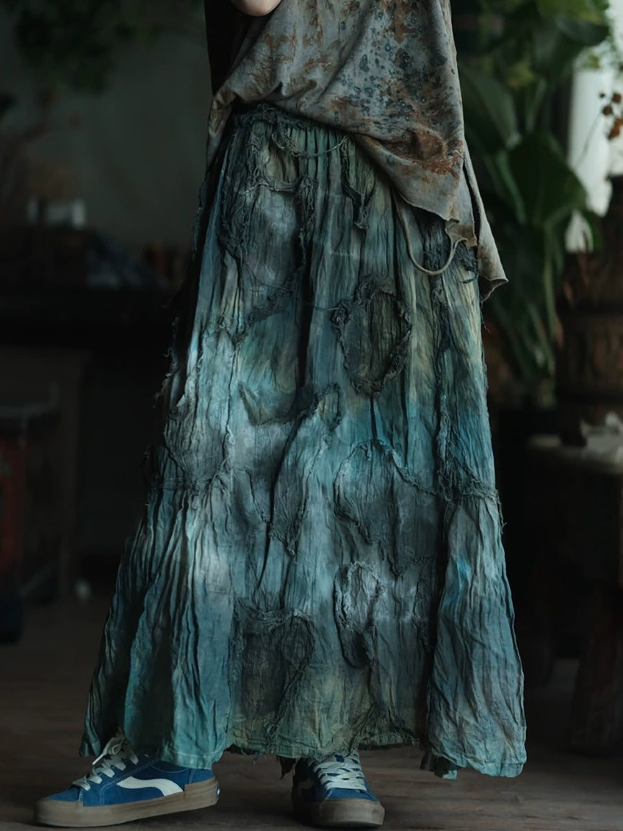 Women Autumn Retro Tie-dye Linen Cotton Skirt