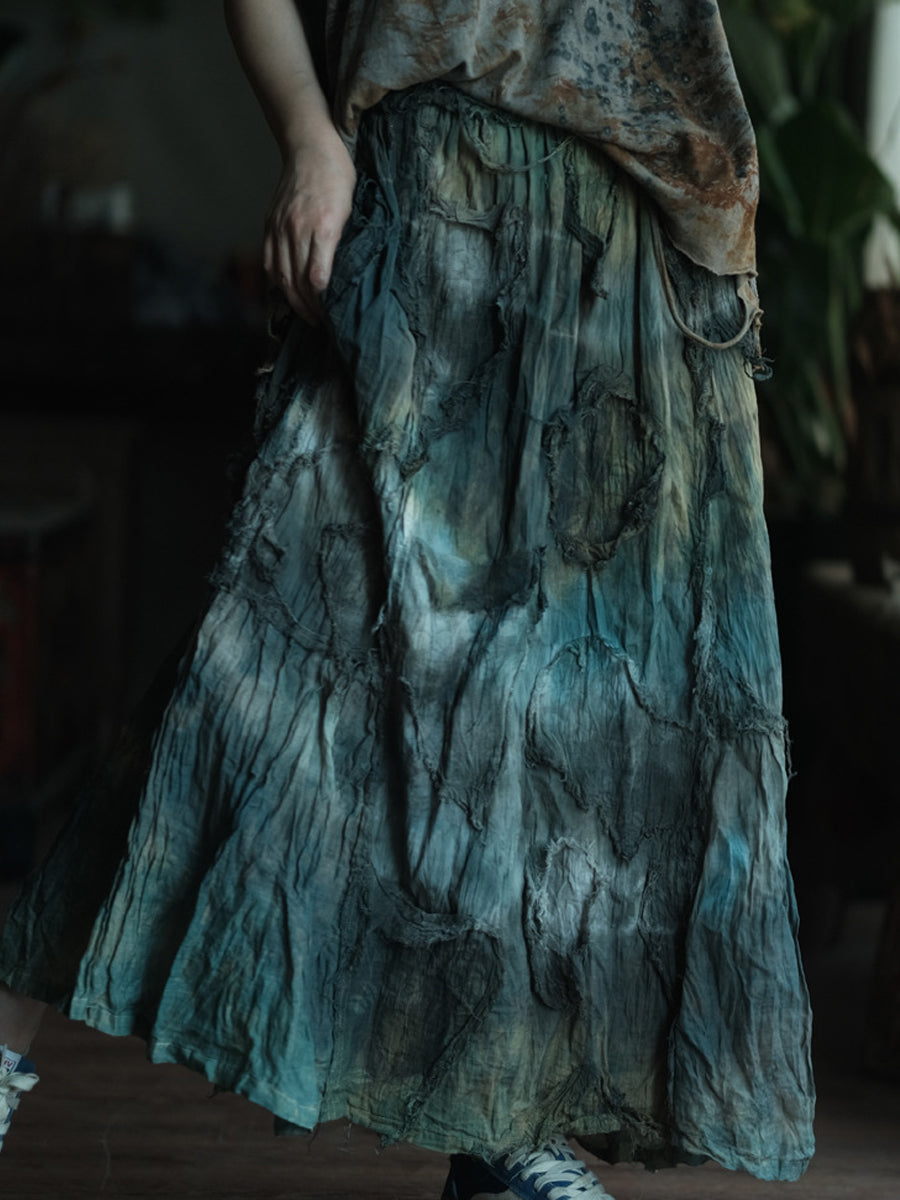 Women Autumn Retro Tie-dye Linen Cotton Skirt
