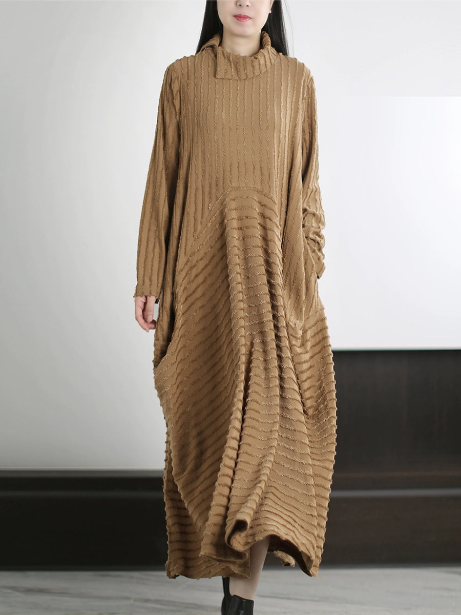 Plus Size Women Autumn Artsy Stripe O-Neck Maxi Dress