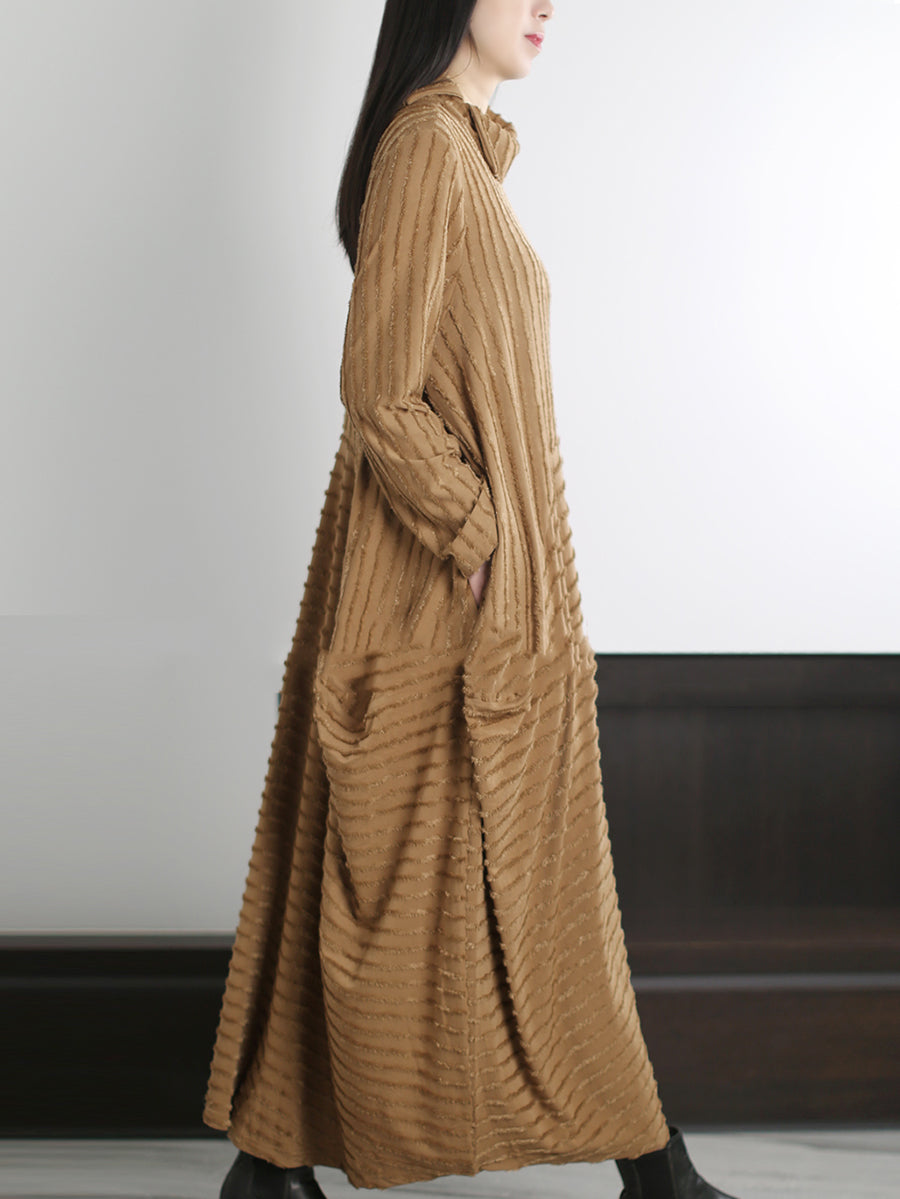 Plus Size Women Autumn Artsy Stripe O-Neck Maxi Dress