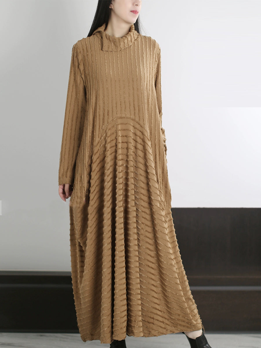 Plus Size Women Autumn Artsy Stripe O-Neck Maxi Dress