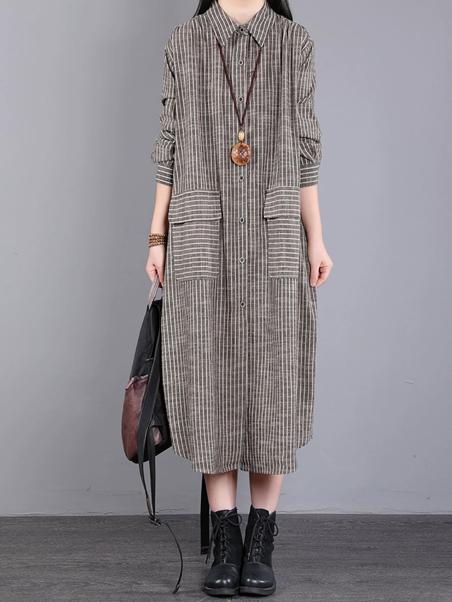 Plus Size Women Autumn Stripe Turn-down Collar Cotton Dress