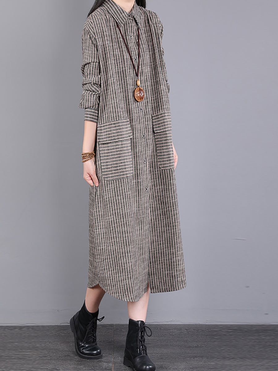 Plus Size Women Autumn Stripe Turn-down Collar Cotton Dress