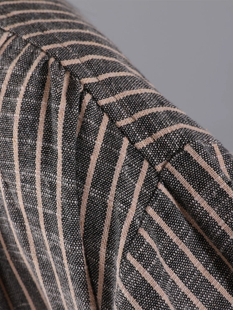 Plus Size Women Autumn Stripe Turn-down Collar Cotton Dress