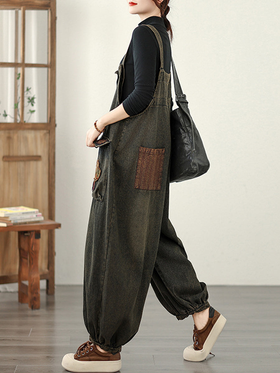 Women Autumn Retro Denim Spliced Jumpsuits