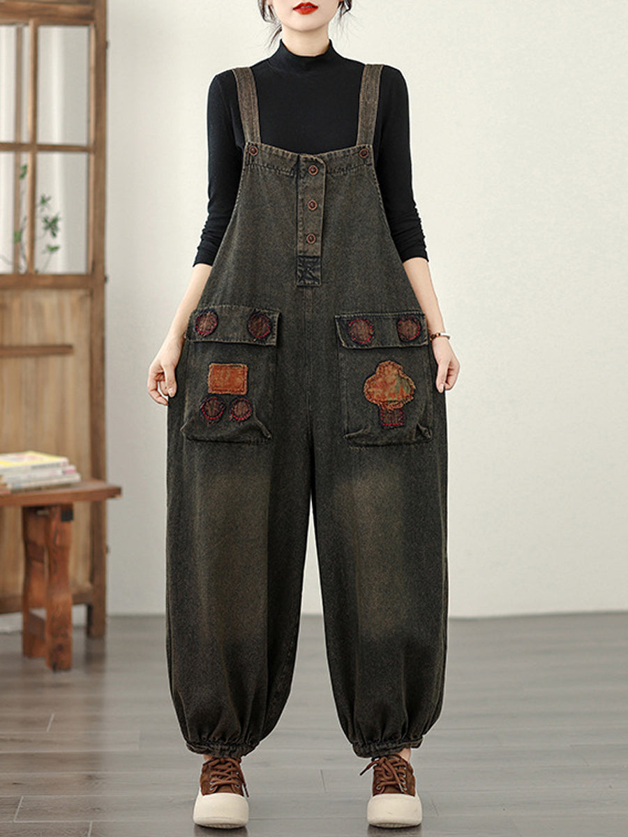 Women Autumn Retro Denim Spliced Jumpsuits