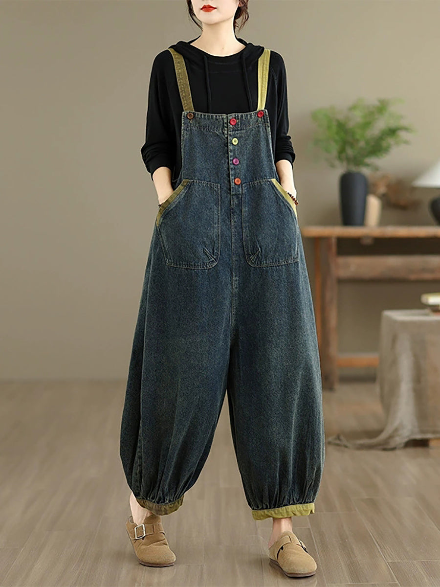 Women Autumn Artsy Colorblock Denim Jumpsuits