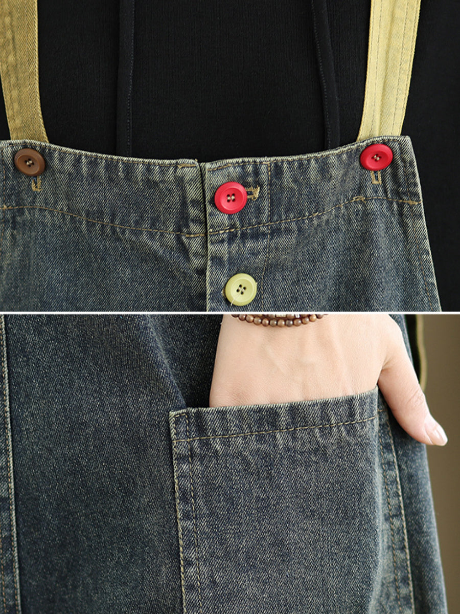 Women Autumn Artsy Colorblock Denim Jumpsuits