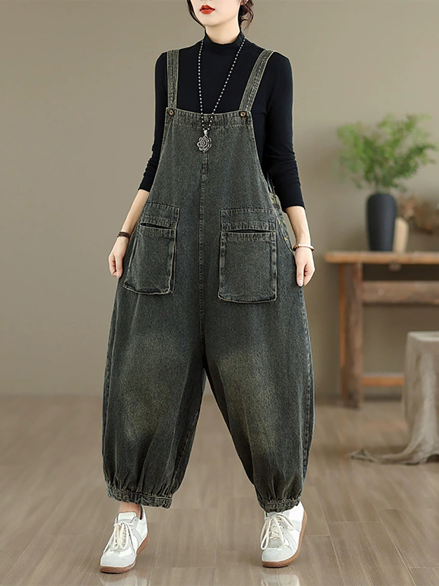 Women Autumn Casual Pure Color Denim Jumpsuits