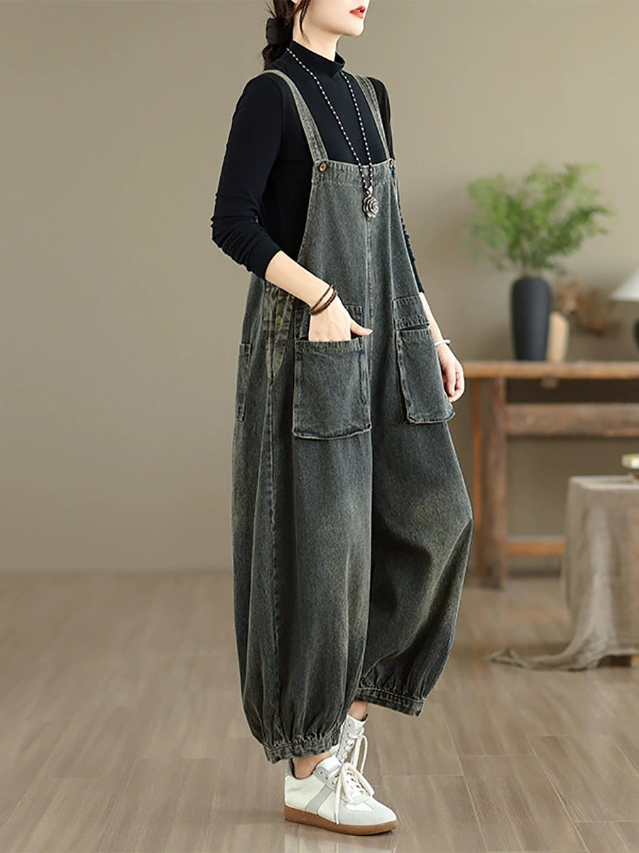 Women Autumn Casual Pure Color Denim Jumpsuits
