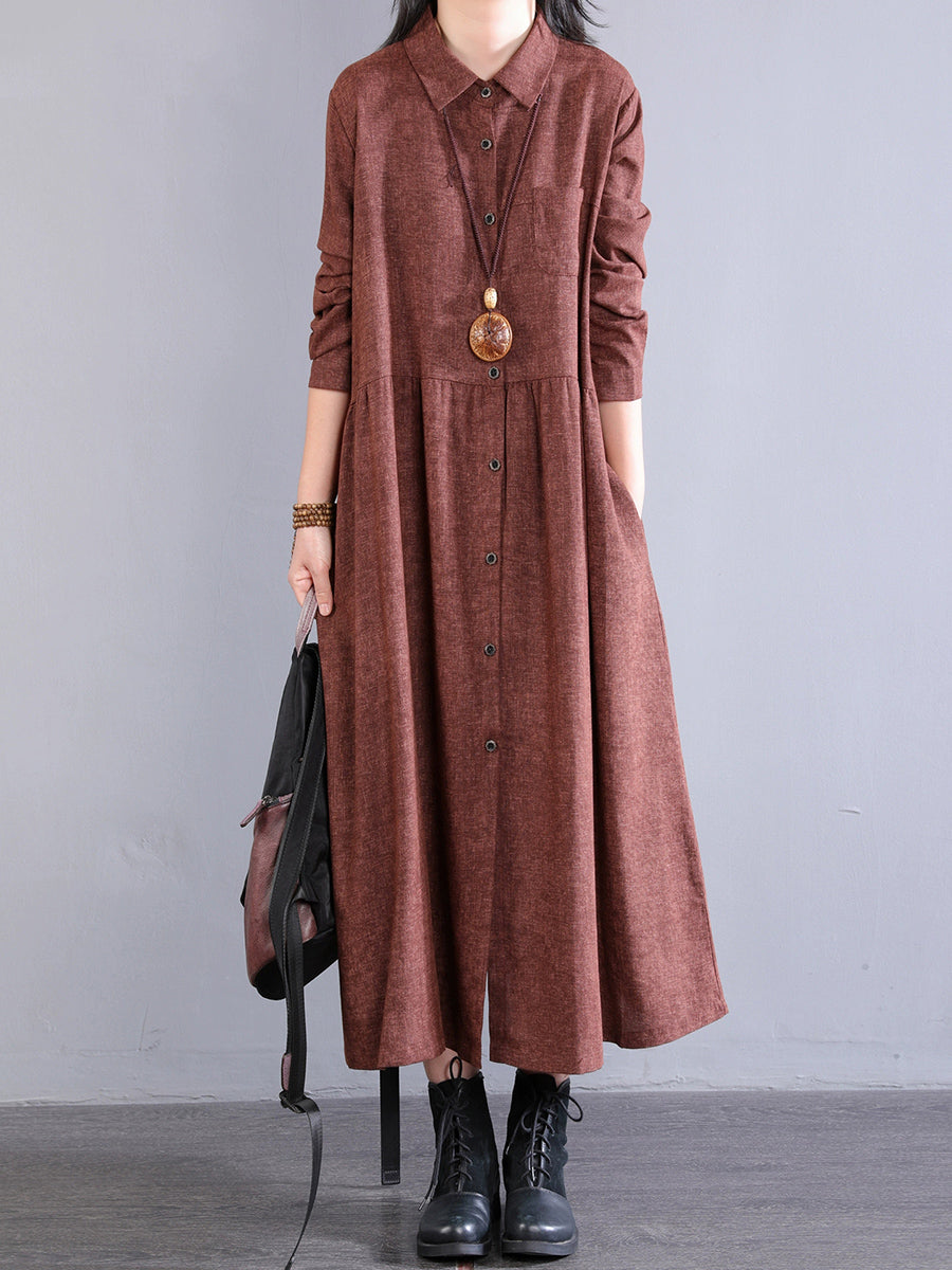 Women Autumn Pure Color Turn-down Collar 100%Cotton Dress