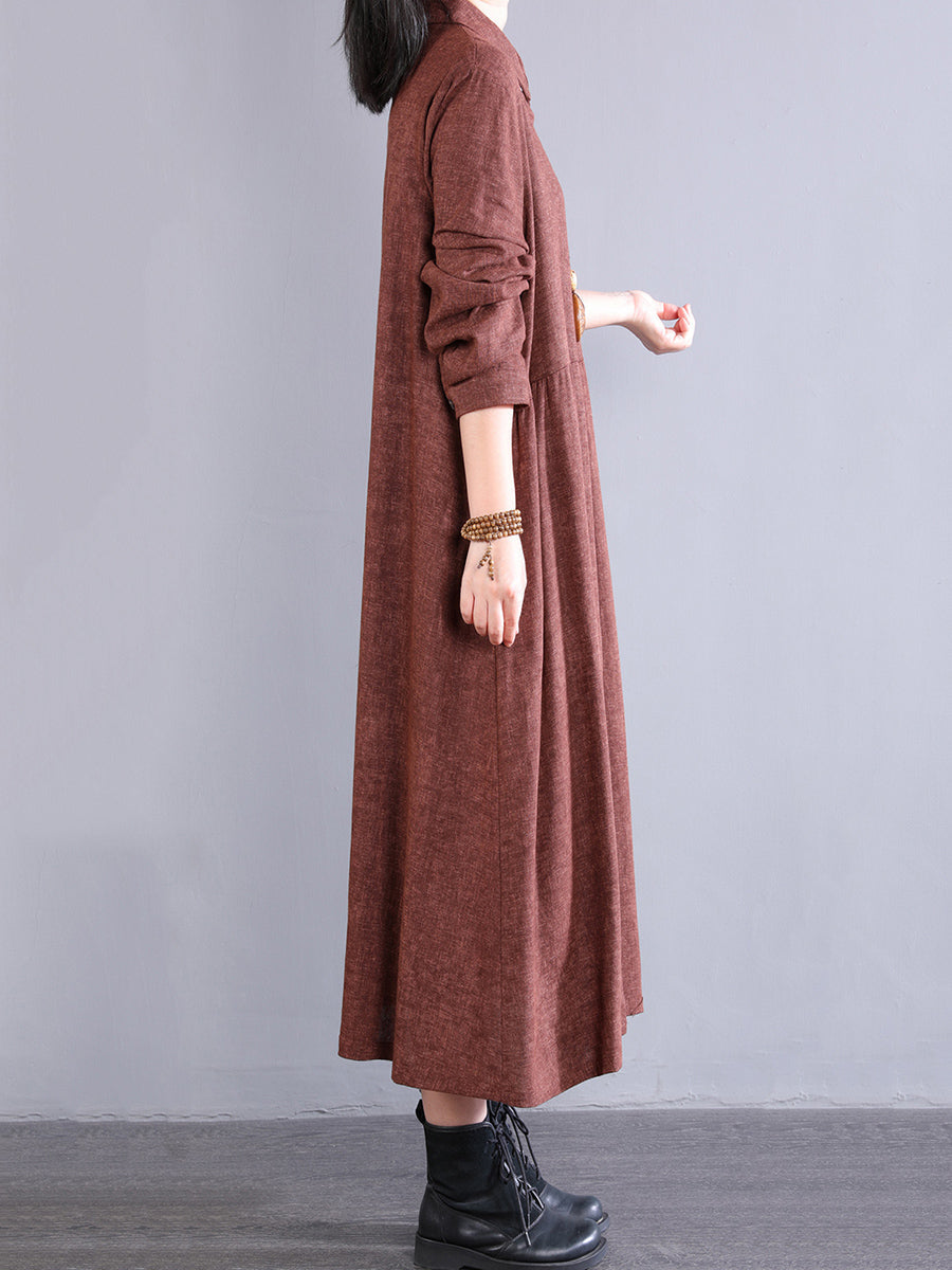 Women Autumn Pure Color Turn-down Collar 100%Cotton Dress