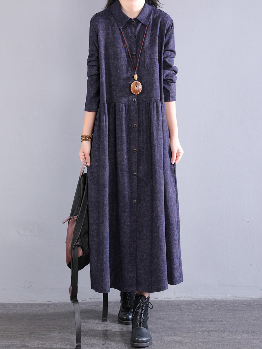 Women Autumn Pure Color Turn-down Collar 100%Cotton Dress