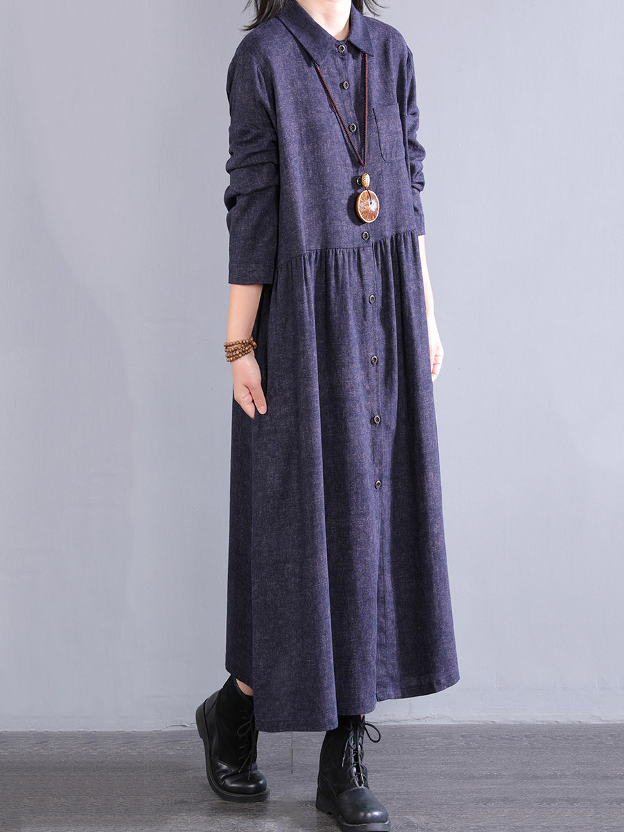 Women Autumn Pure Color Turn-down Collar 100%Cotton Dress