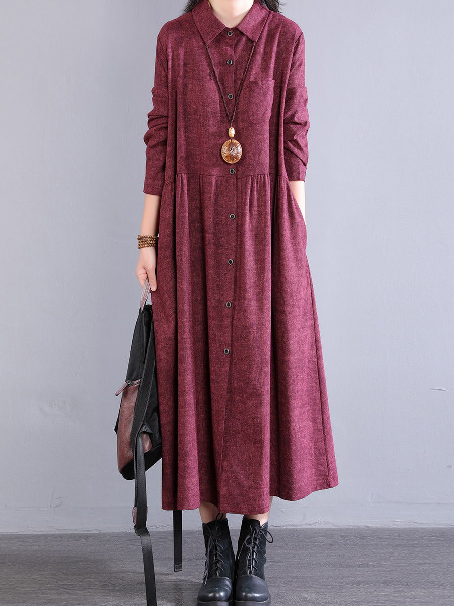 Women Autumn Pure Color Turn-down Collar 100%Cotton Dress