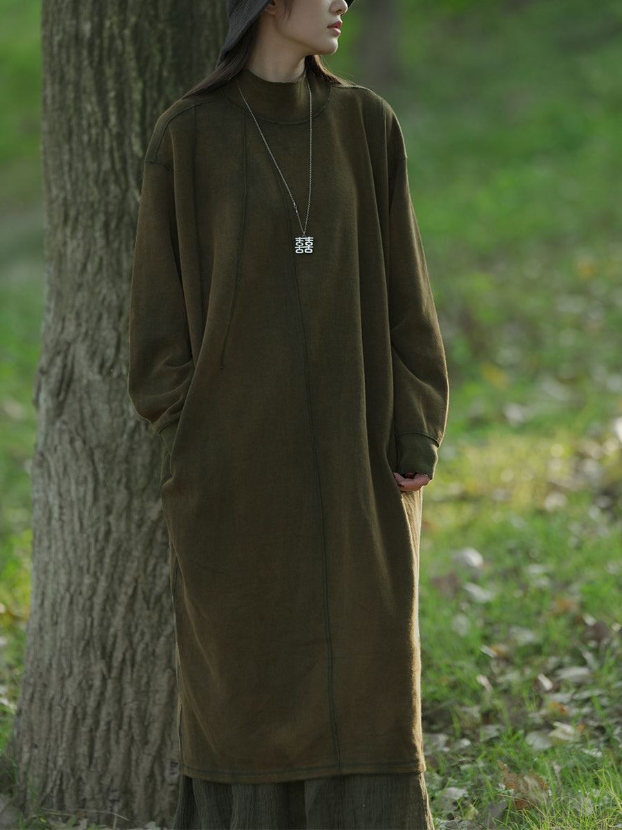 Plus Size Women Autumn Casual Pure Color Stand Collar Cotton Dress