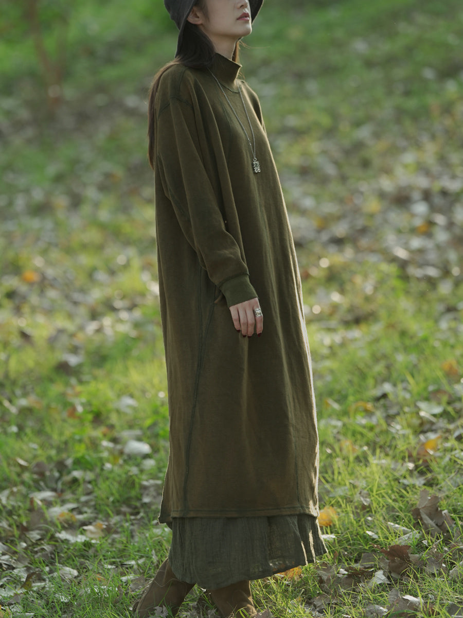 Plus Size Women Autumn Casual Pure Color Stand Collar Cotton Dress