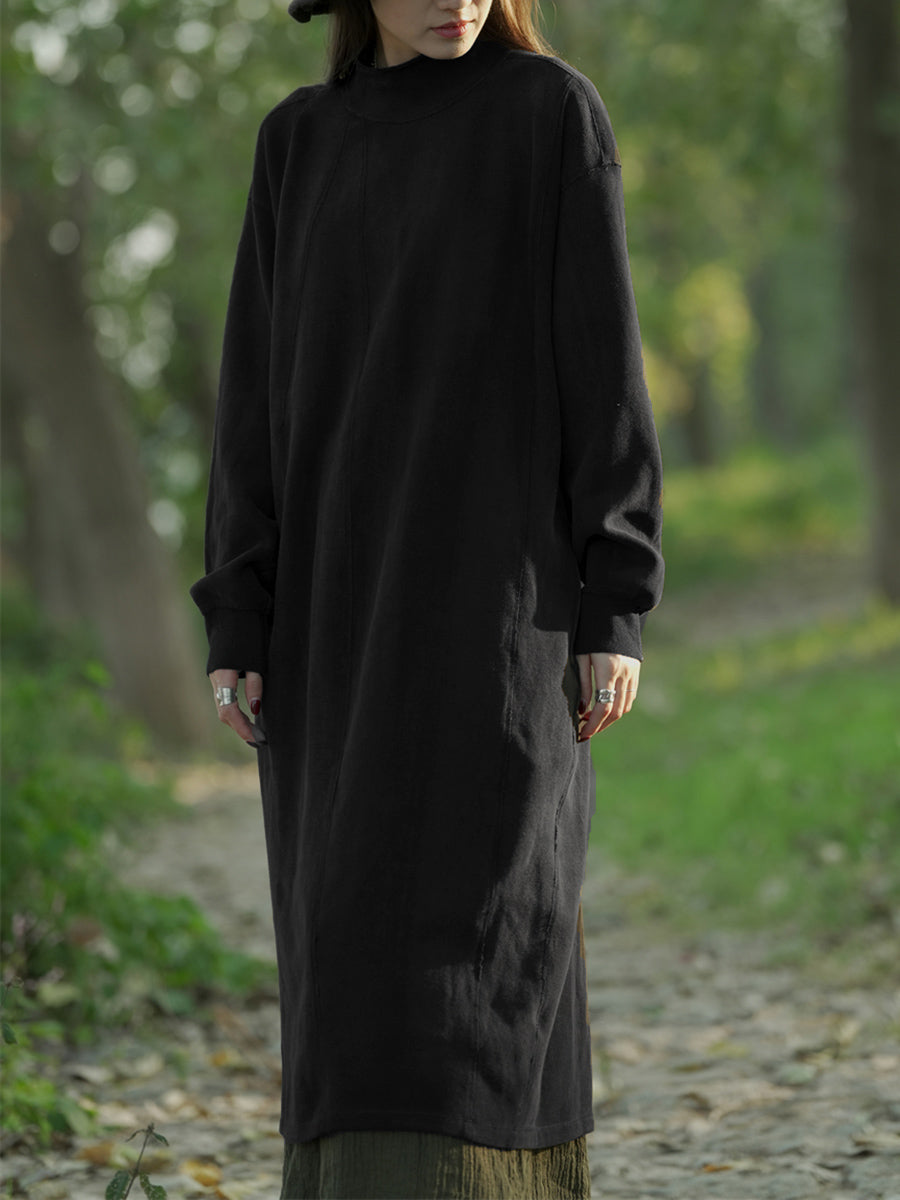 Plus Size Women Autumn Casual Pure Color Stand Collar Cotton Dress