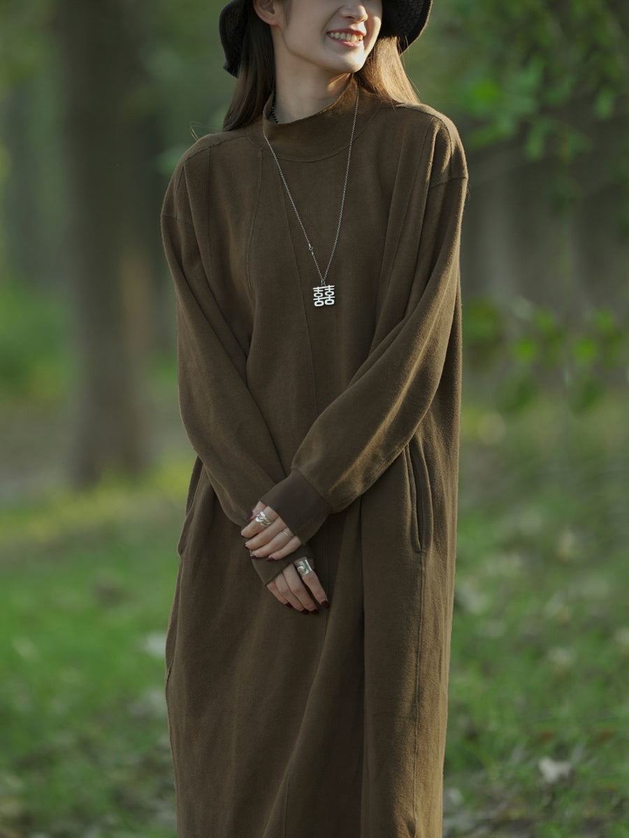 Plus Size Women Autumn Casual Pure Color Stand Collar Cotton Dress