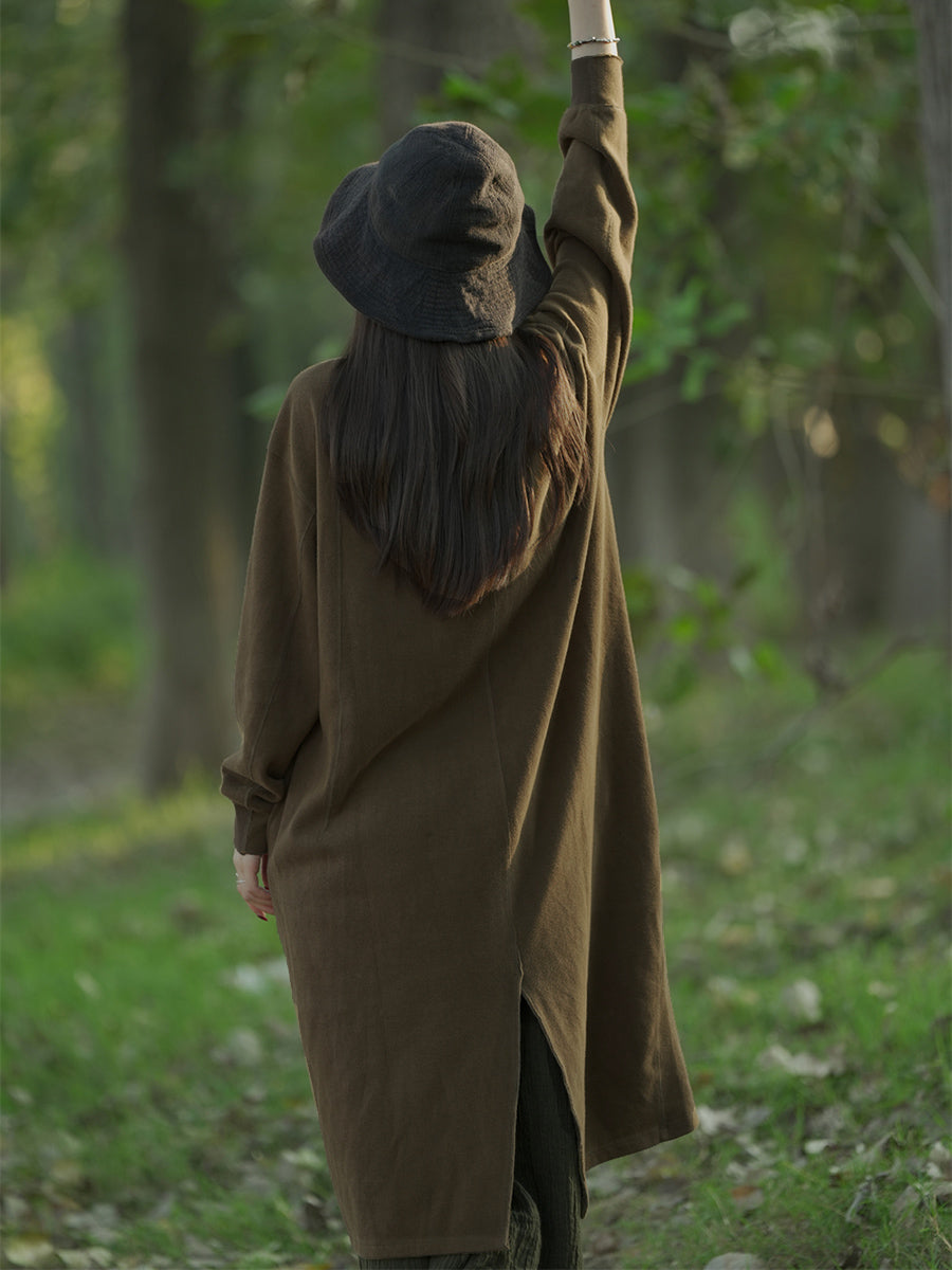 Plus Size Women Autumn Casual Pure Color Stand Collar Cotton Dress