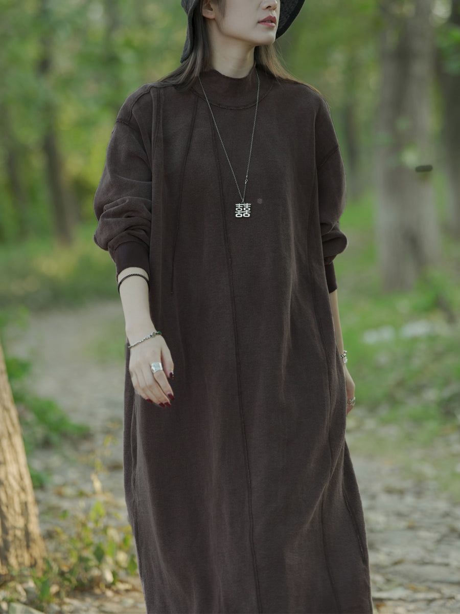 Plus Size Women Autumn Casual Pure Color Stand Collar Cotton Dress