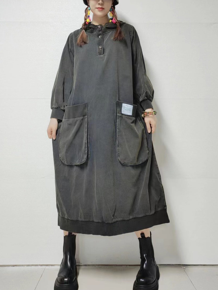 Women Autumn Retro Pure Color Denim Hooded Dress