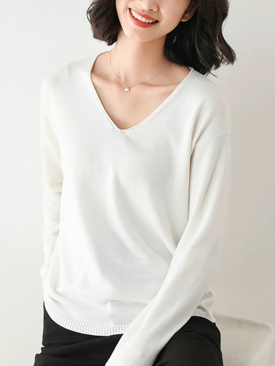 Women Autumn Casual Knitted Wool V-Neck Sweater