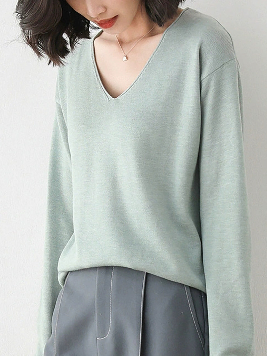 Women Autumn Casual Knitted Wool V-Neck Sweater