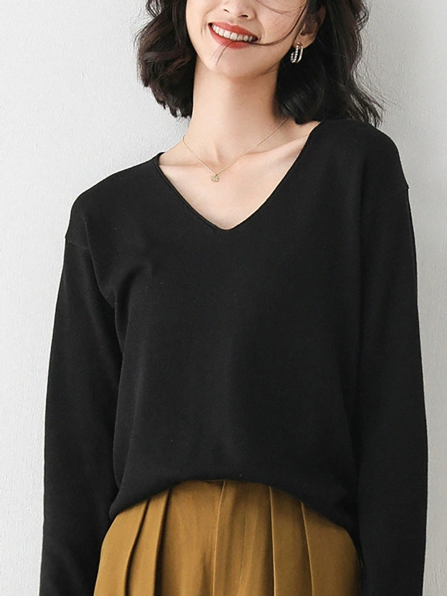 Women Autumn Casual Knitted Wool V-Neck Sweater