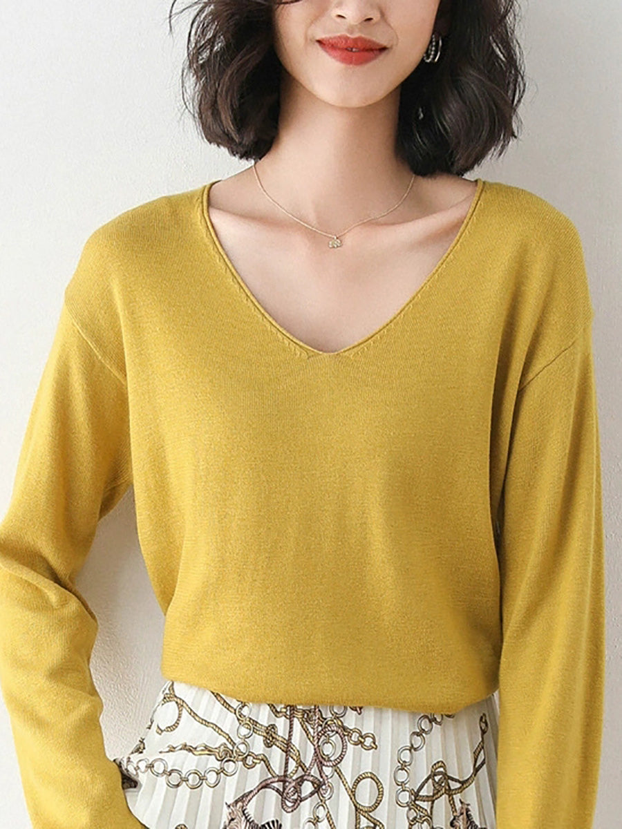 Women Autumn Casual Knitted Wool V-Neck Sweater