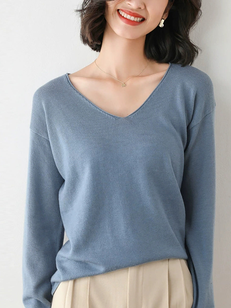 Women Autumn Casual Knitted Wool V-Neck Sweater