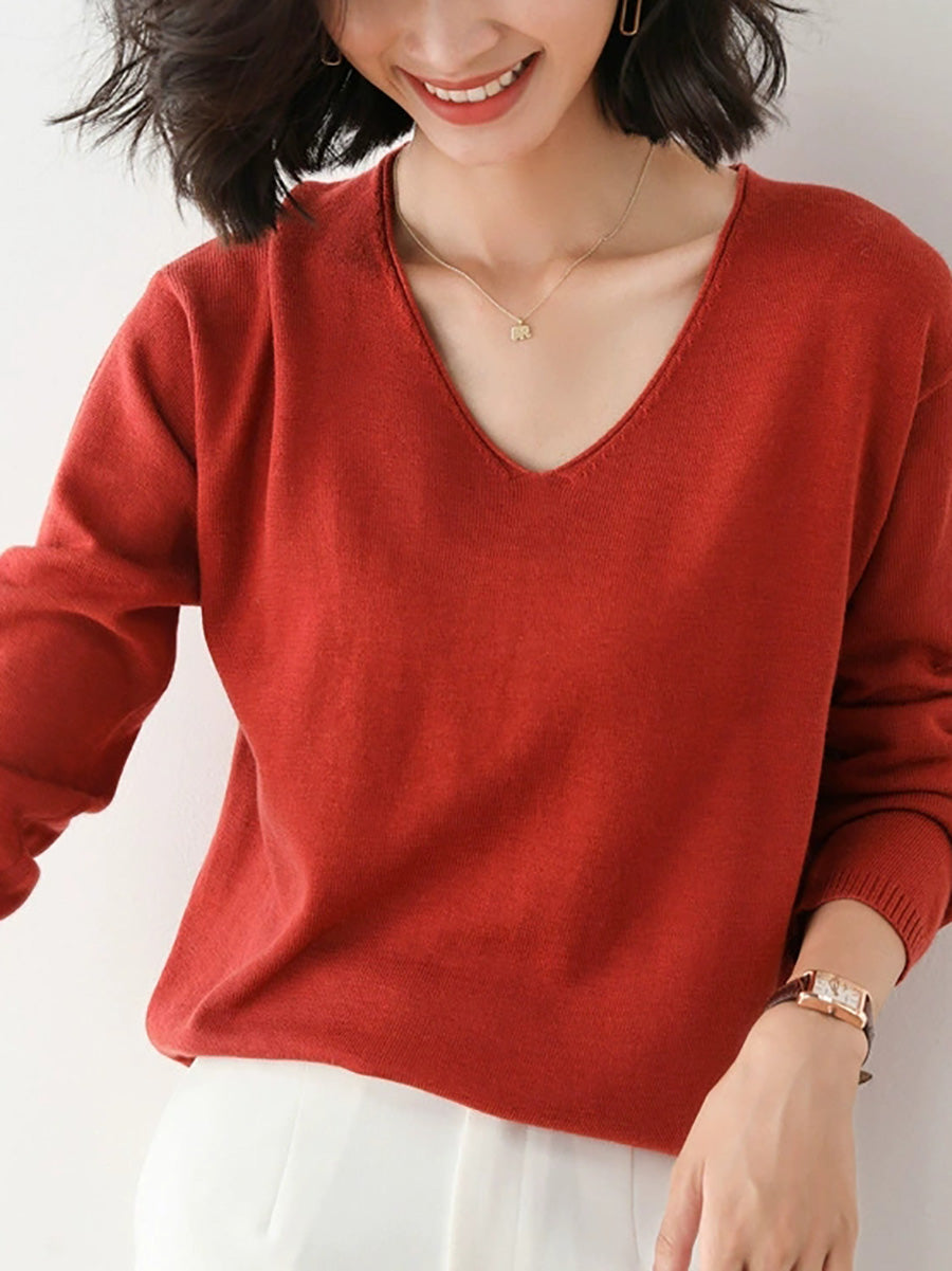 Women Autumn Casual Knitted Wool V-Neck Sweater