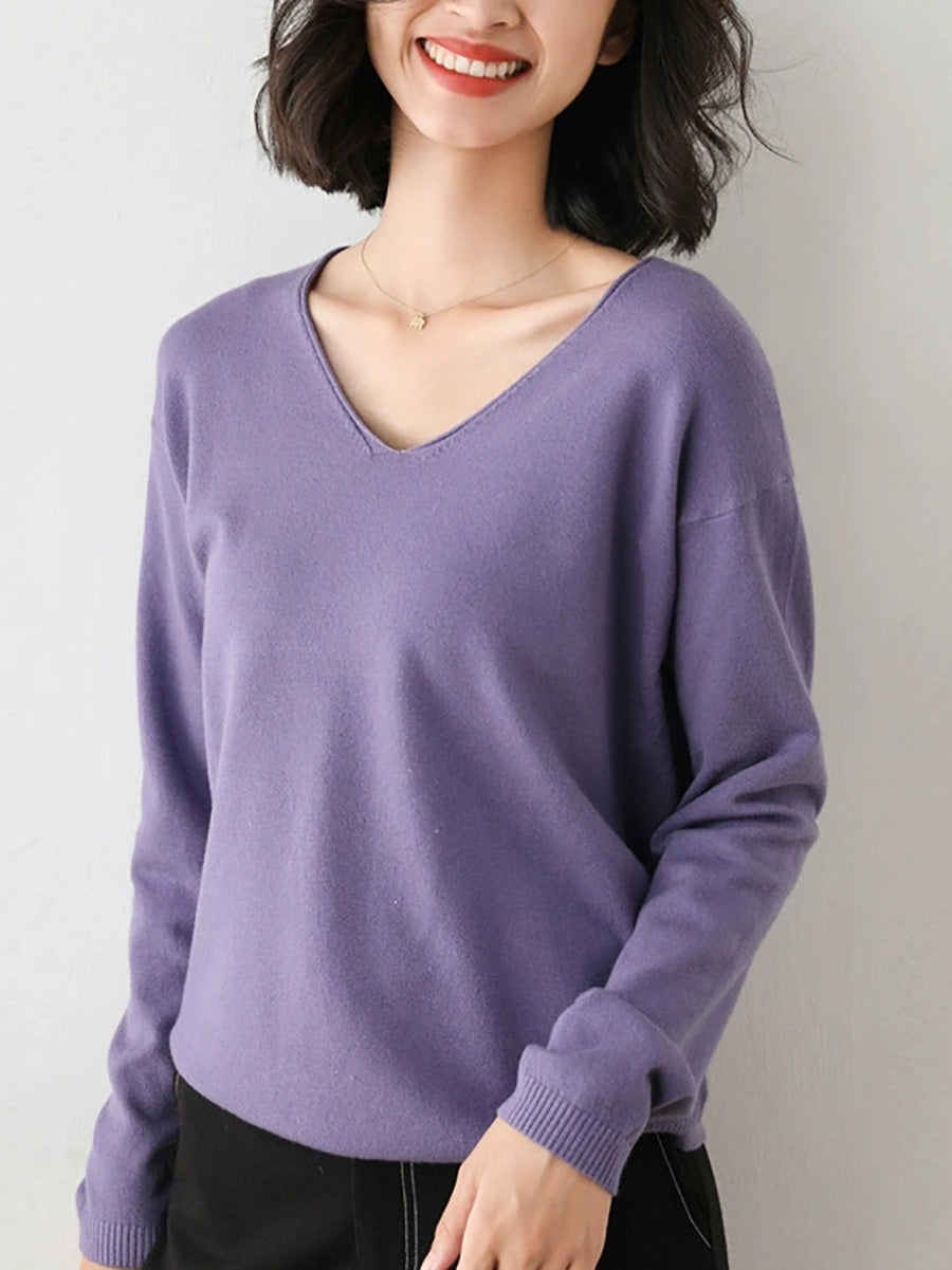 Women Autumn Casual Knitted Wool V-Neck Sweater