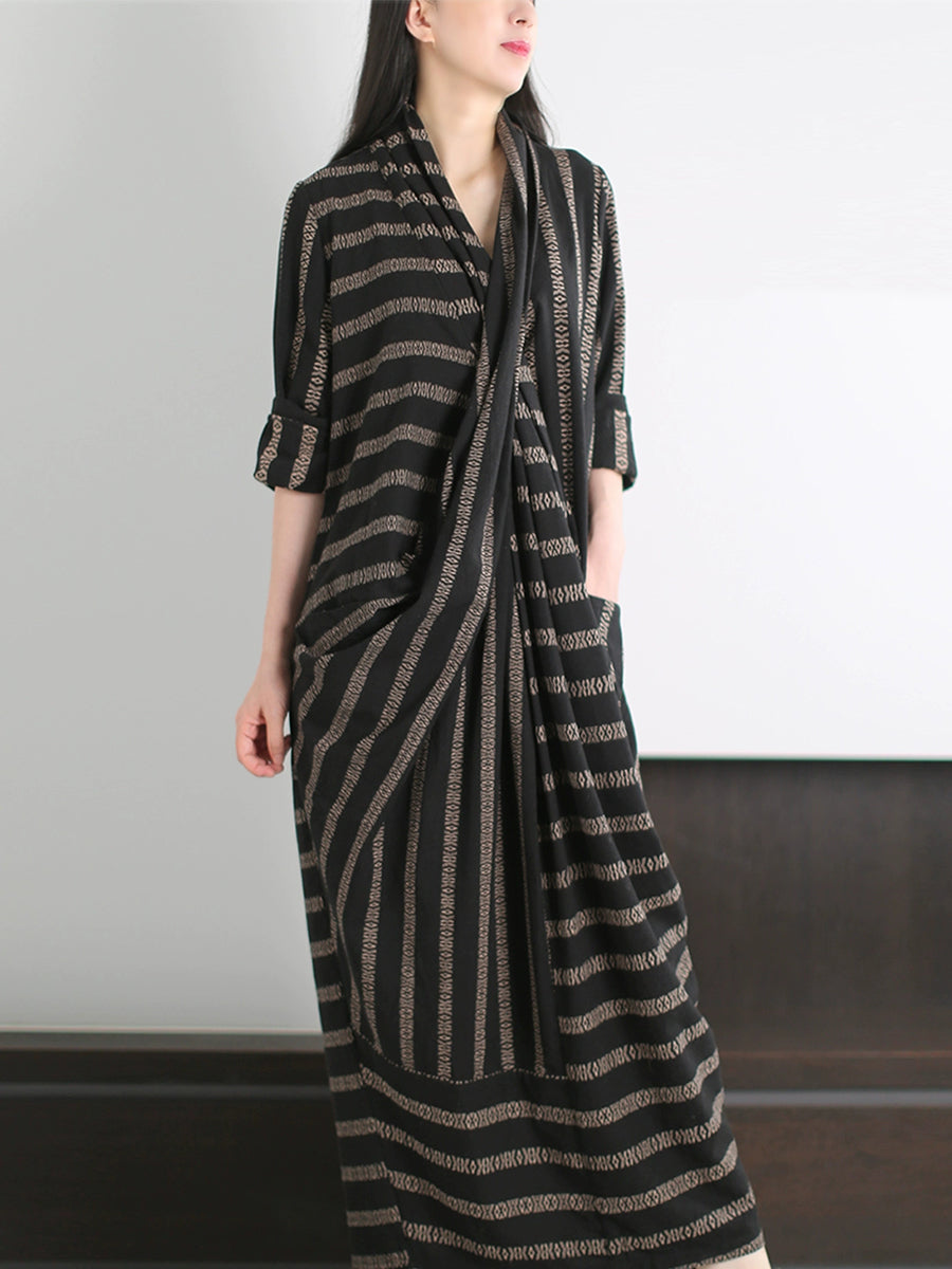 Plus Size Women Autumn Retro Stripe V-Neck 100%Cotton Dress