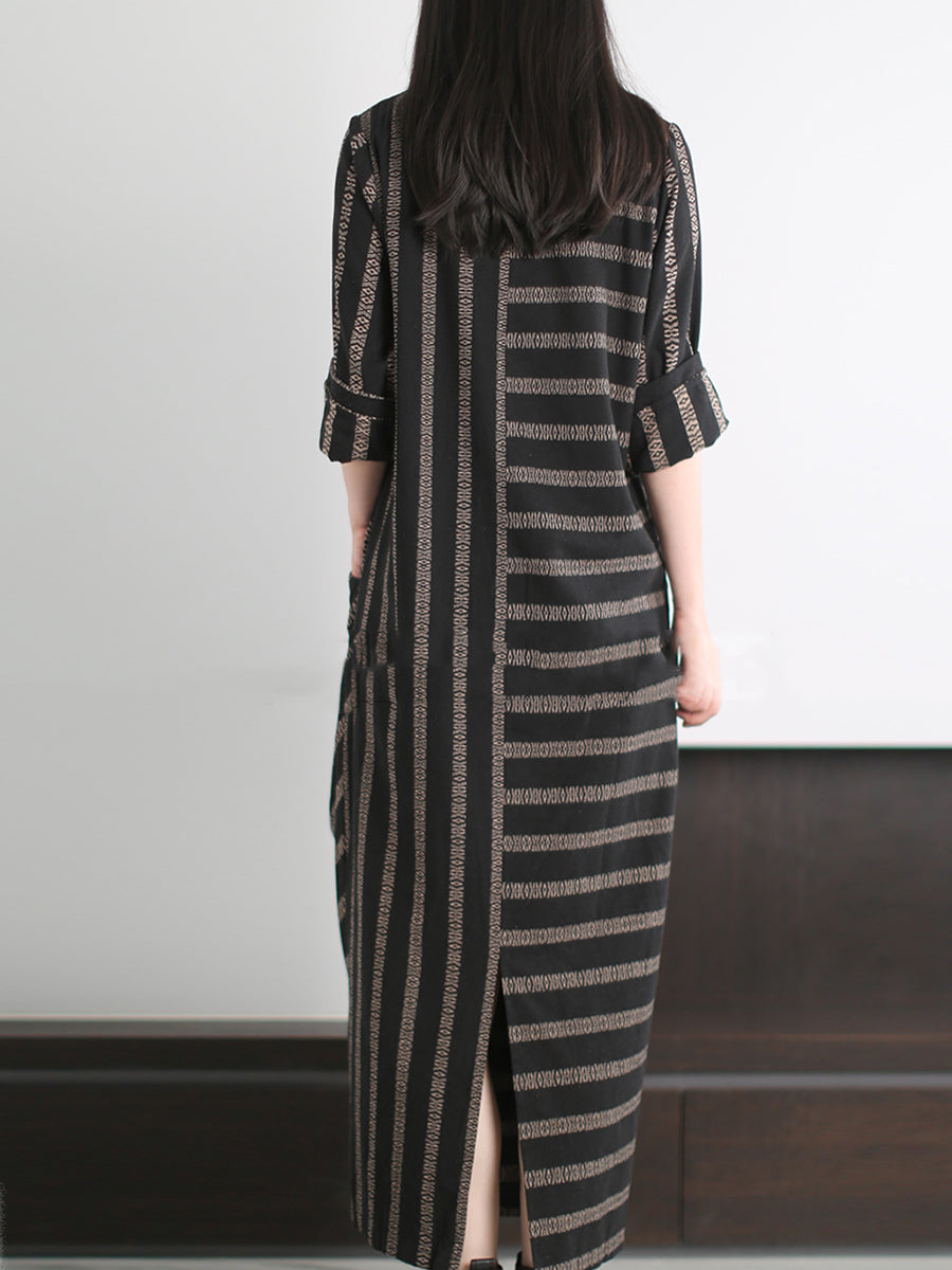 Plus Size Women Autumn Retro Stripe V-Neck 100%Cotton Dress