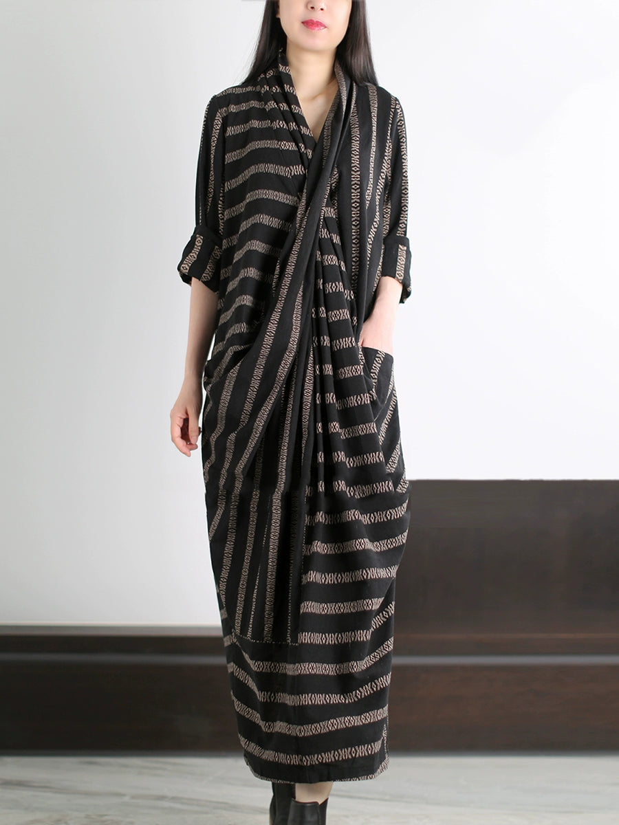 Plus Size Women Autumn Retro Stripe V-Neck 100%Cotton Dress