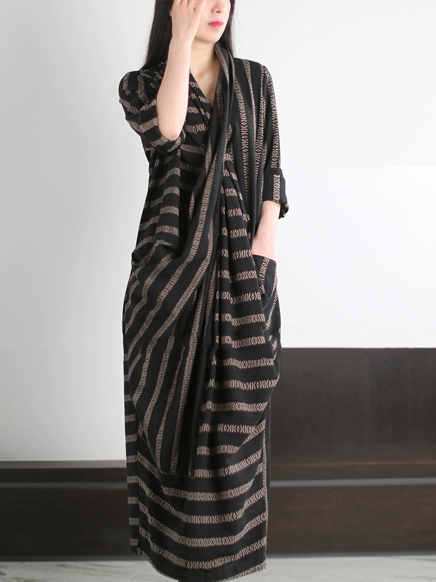 Plus Size Women Autumn Retro Stripe V-Neck 100%Cotton Dress