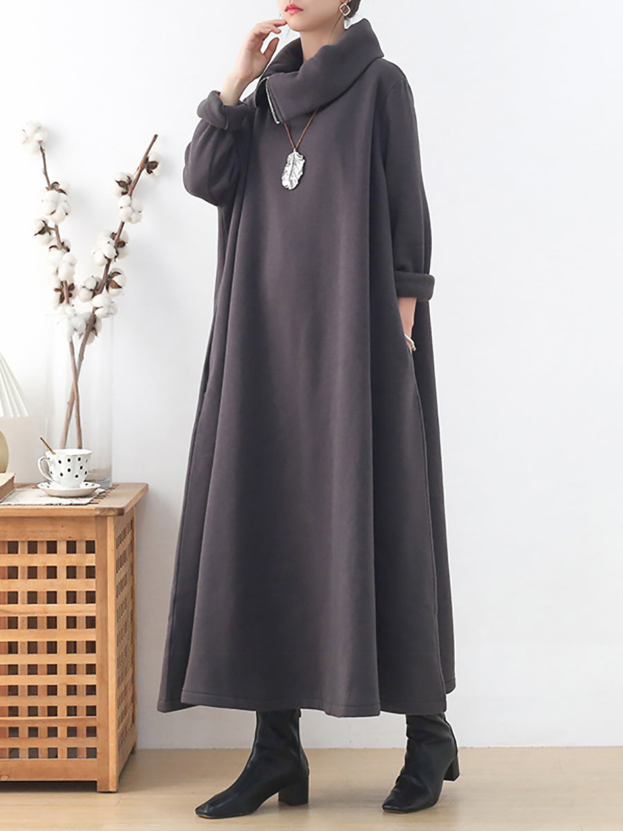 Plus Size Women Autumn Pure Color Turtleneck Cotton Dress