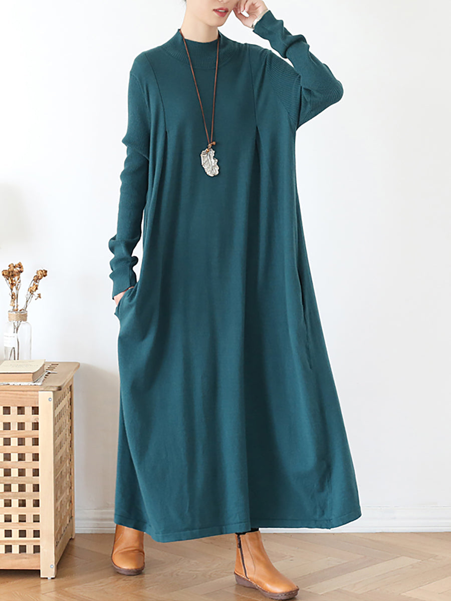 Women Autumn Casual Pure Color Half-Turtleneck Dress