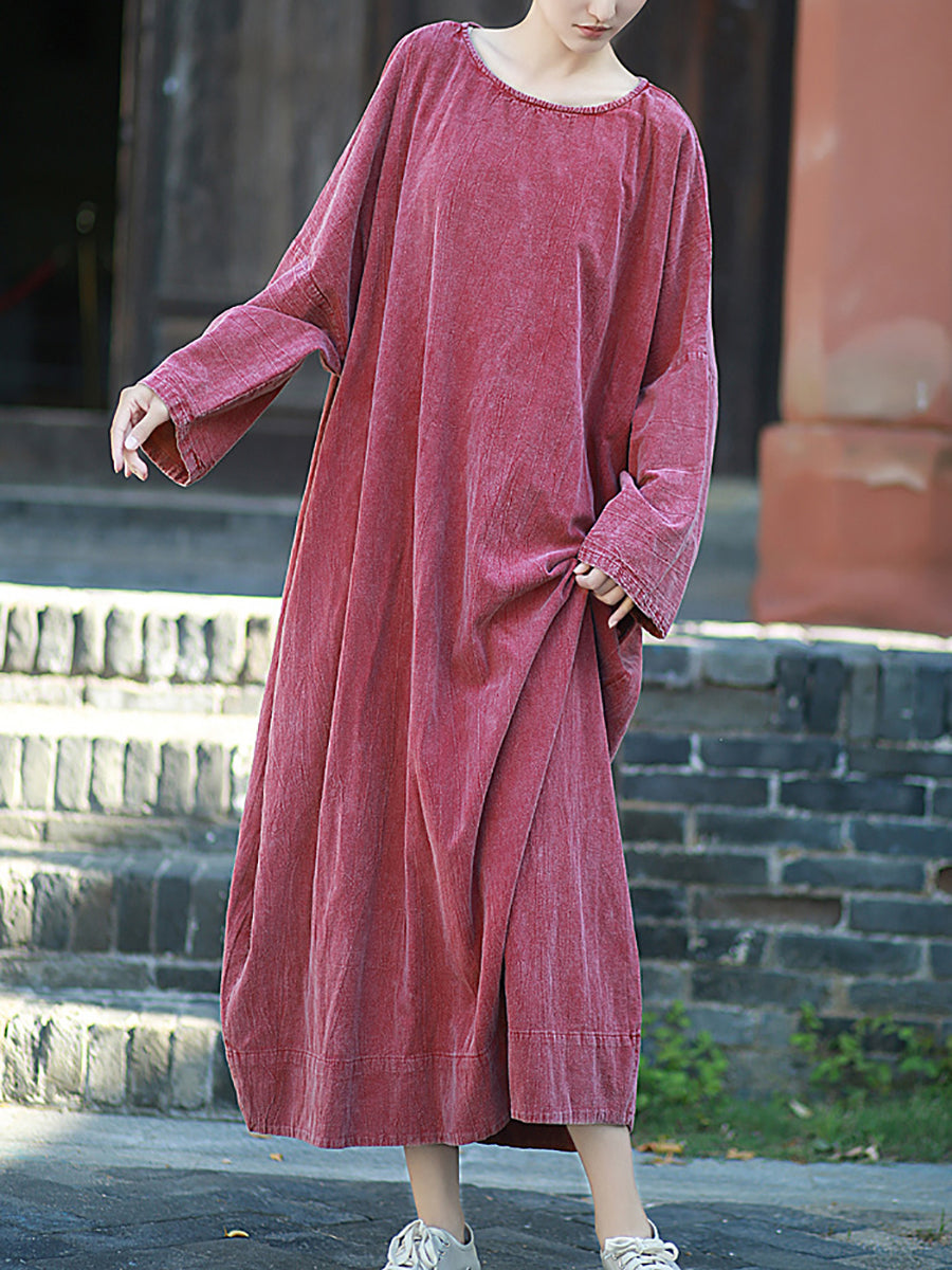 Women Autumn Retro Pure Color O-Neck Cotton Linen Dress