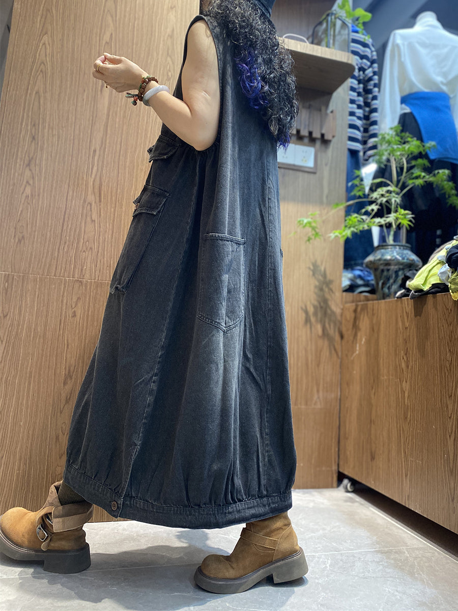 Women Summer Vintage Pocket V-Neck 100%Cotton Vest Dress