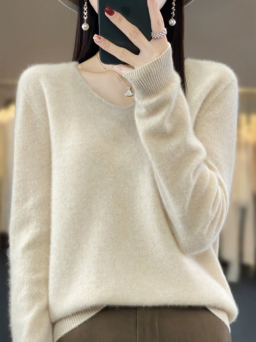 Women Autumn Casual Pure Color V-Neck Wool Sweater