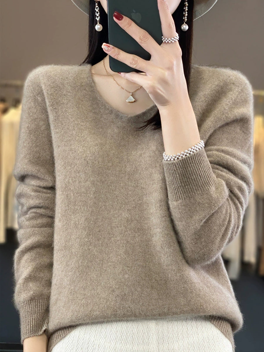Women Autumn Casual Pure Color V-Neck Wool Sweater