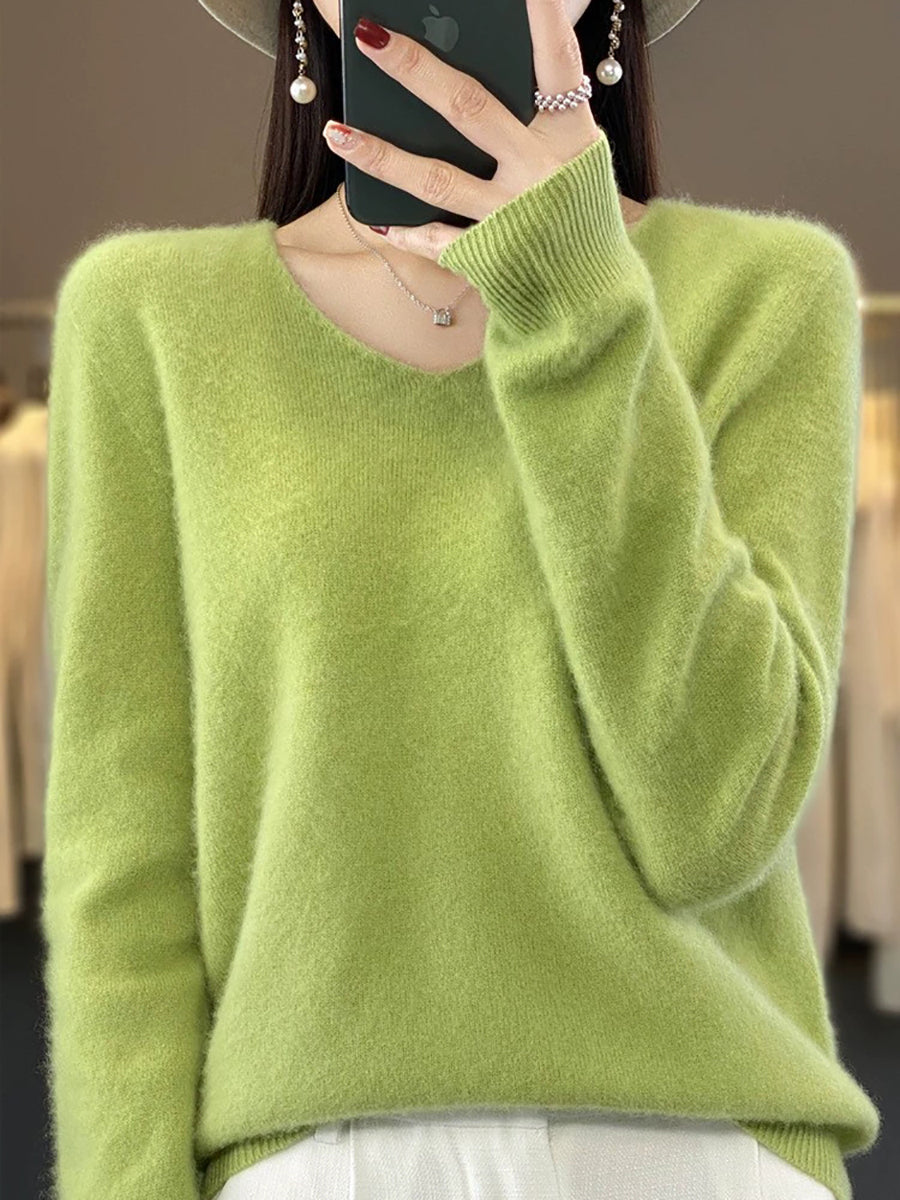 Women Autumn Casual Pure Color V-Neck Wool Sweater